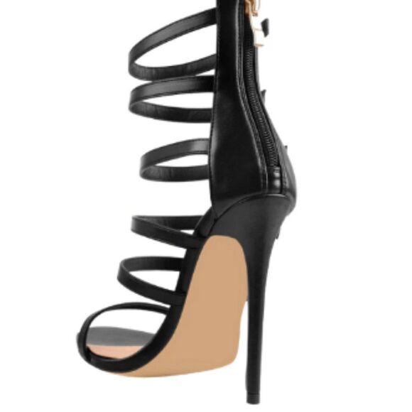 BLACK GLADIATOR OPEN TOE ZIP HIGH HEEL STILETTO SANDAL - Picture 3 of 5
